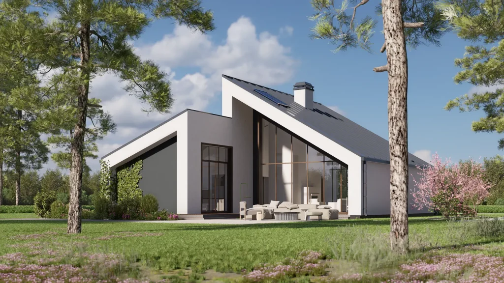 zx Nowoczesny dom z przestronnym salonem i dużymi przeszkleniami