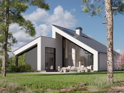 zx Nowoczesny dom z przestronnym salonem i dużymi przeszkleniami